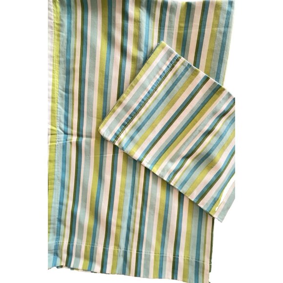 VTG Delia's Stripe Twin Flat Sheet & Pillowcase 100% Cotton Made USA Green Blue - Picture 1 of 6
